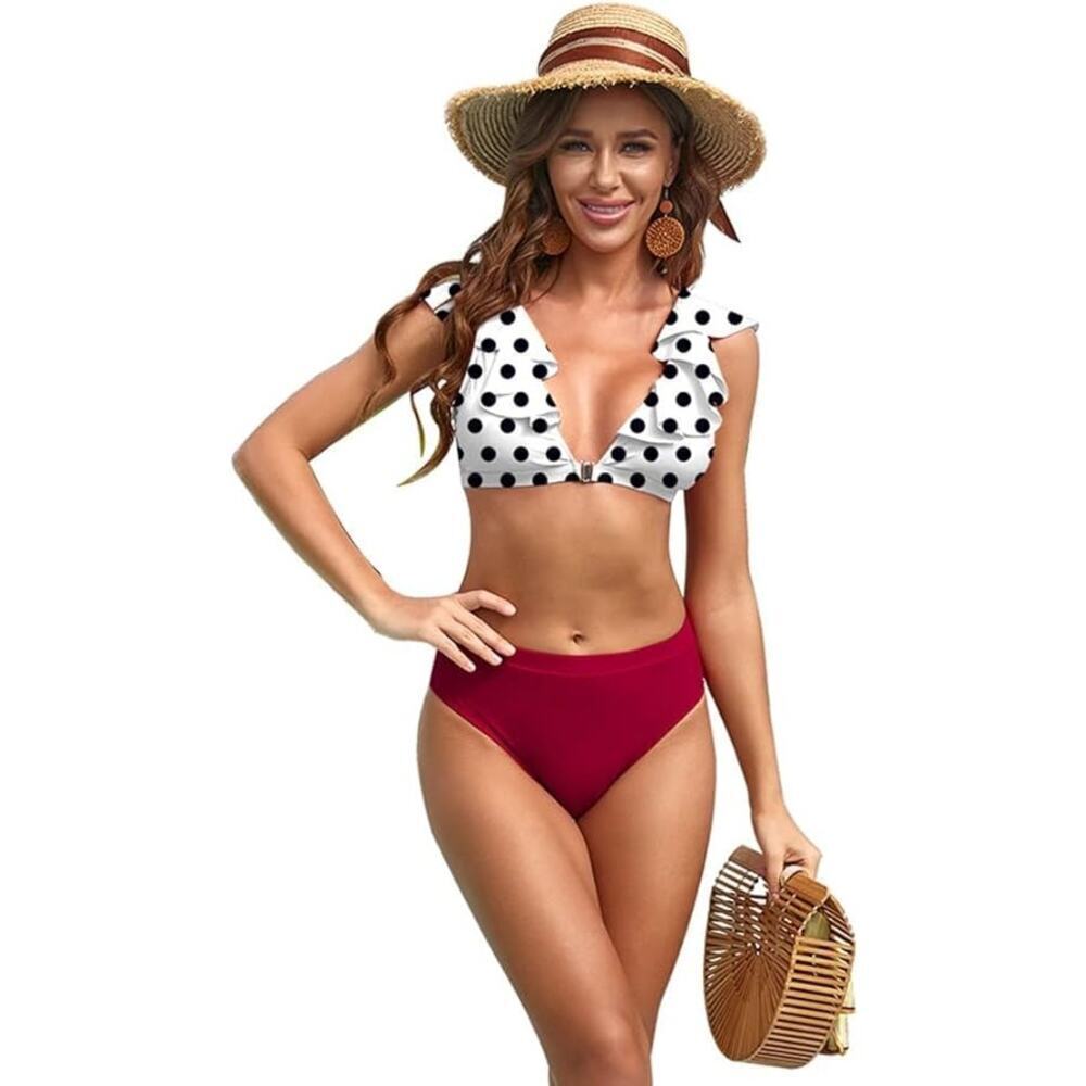 Yuly Swimsuit Womens L White Black‎ Red Ruffle Trim High Waisted Bikini NEW